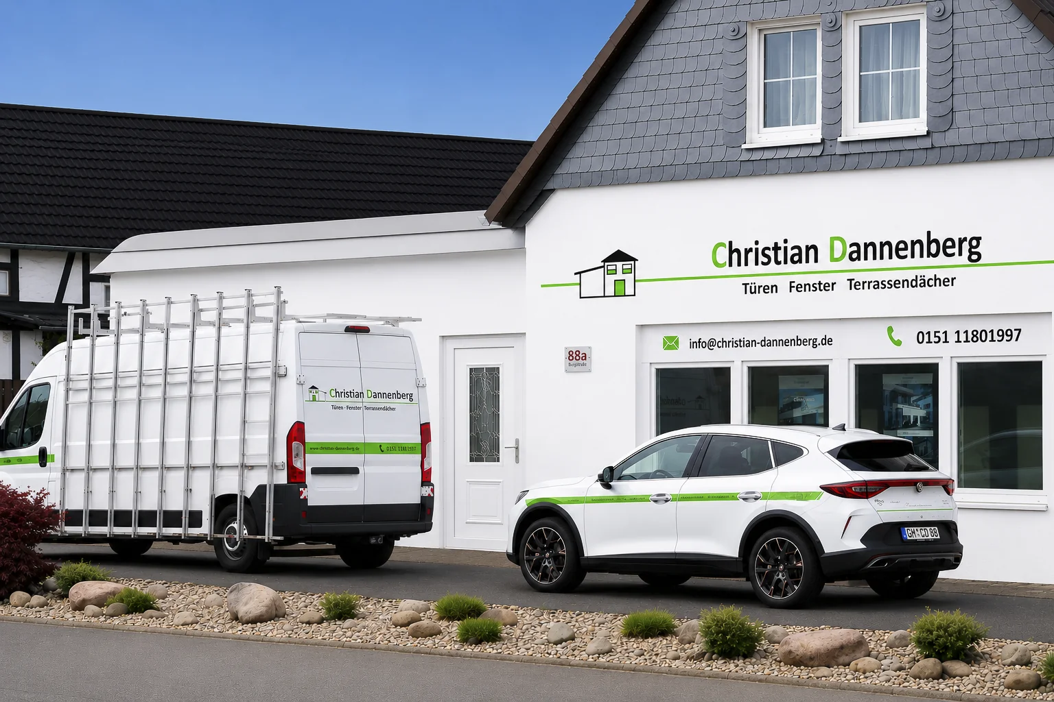 Firmengebäude Christian Dannenberg mit Montagefahrzeug für Türen und Fenster
